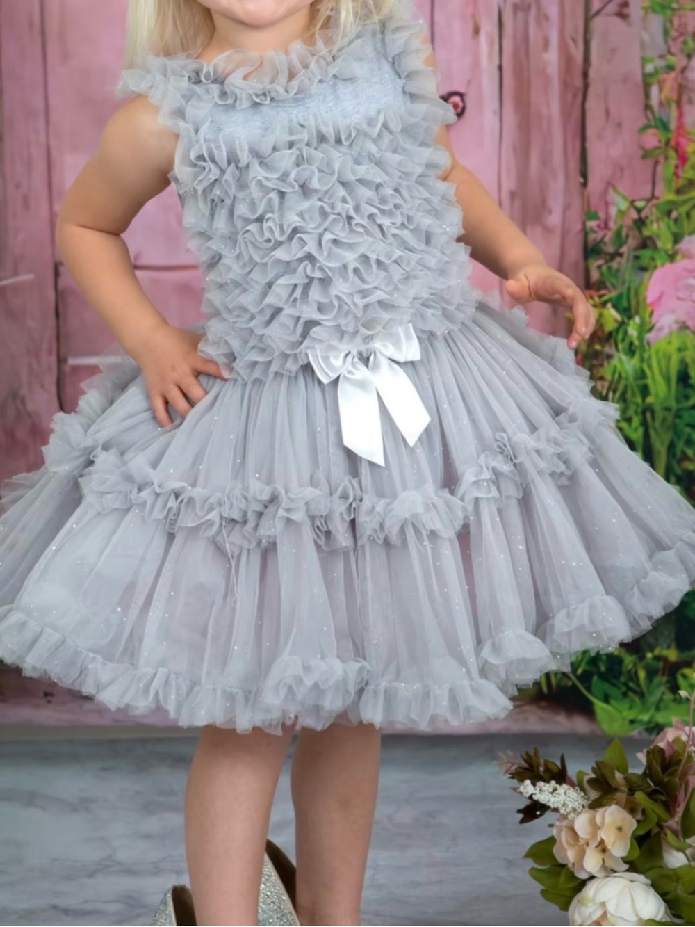 POPATU Girls’ Grey Ruffle Tulle Dress — Approx. Size 4